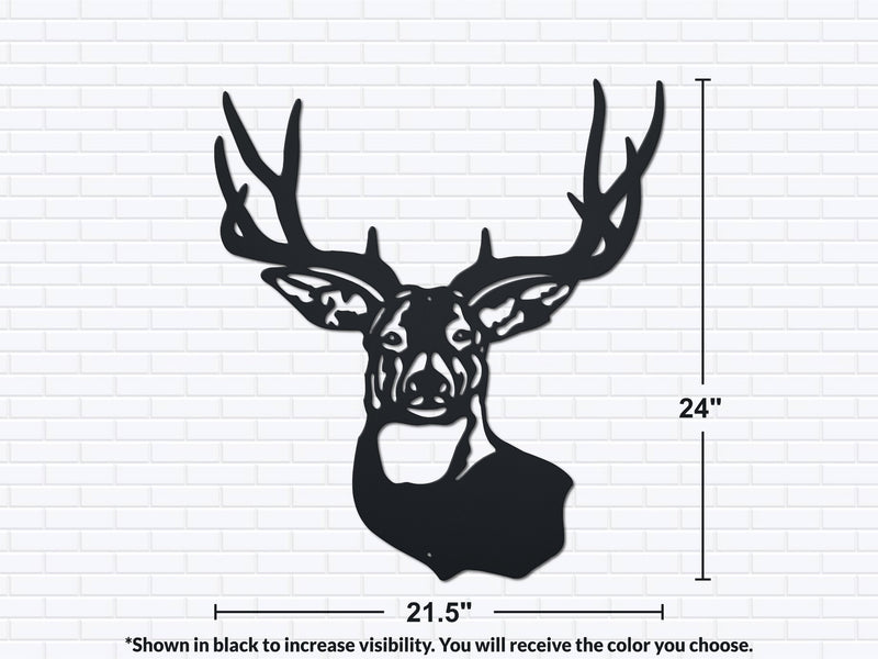 Black silhouette of a deer head with antlers on a white background with measurements.