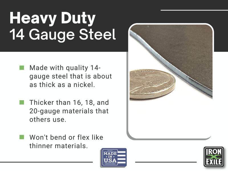 Heavy duty 14 gauge steel material with a nickel for scale on a black background.