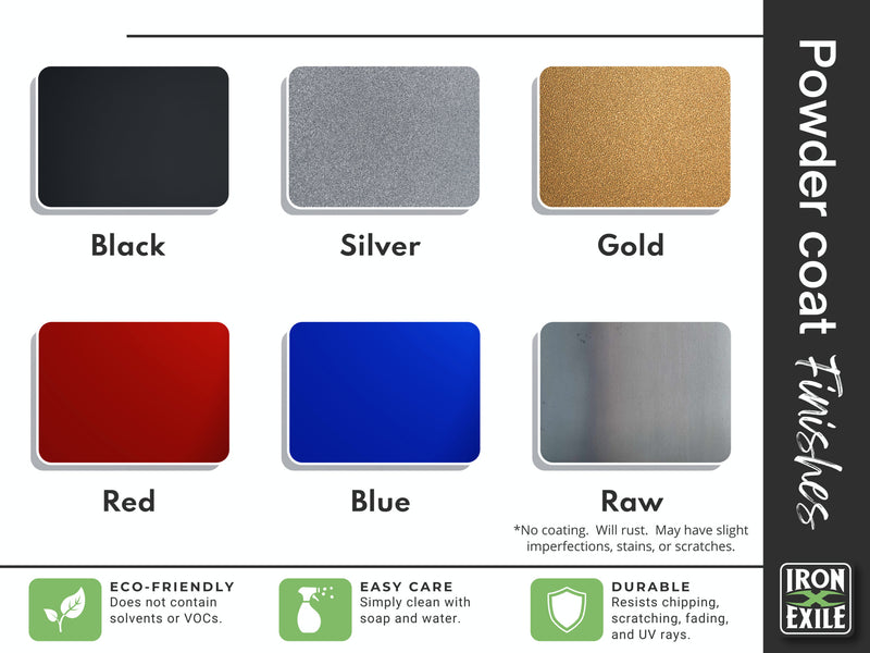 Color swatches for powder coat finishes including black, silver, gold, red, blue, and raw with Iron Exile branding.