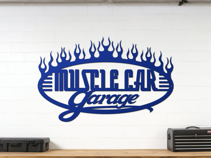 Blue powder coated Muscle Car Garage wall sign – steel garage décor