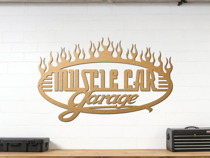 Gold powder coated Muscle Car Garage flame wall sign – steel art