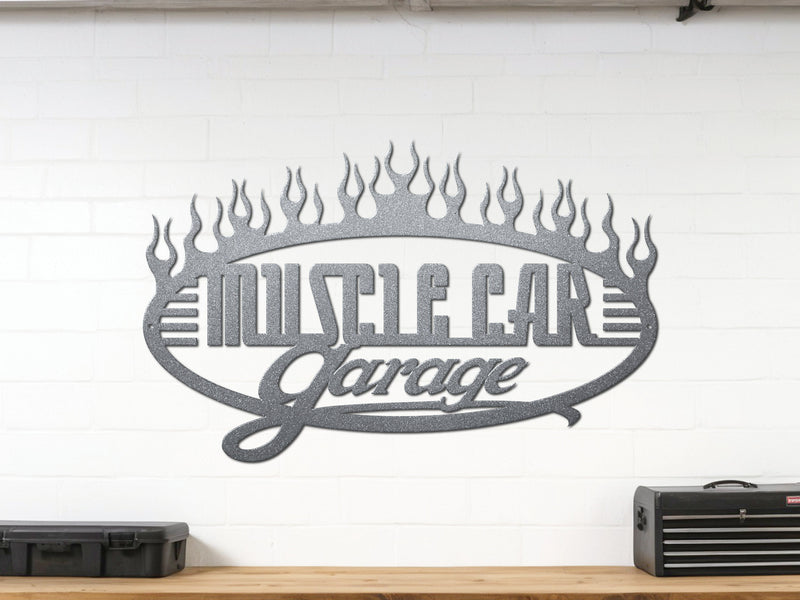 Silver powder coated Muscle Car Garage sign for car enthusiasts