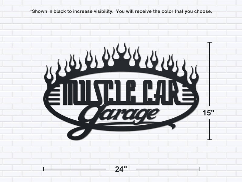 Black powder coated Muscle Car Garage metal sign with flames
