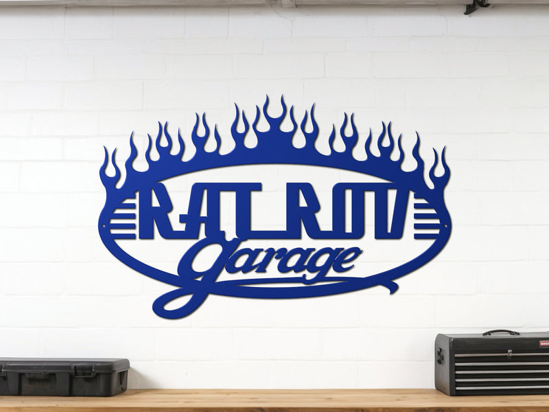 Blue powder coated garage wall sign reading Rat Rod Garage with flames