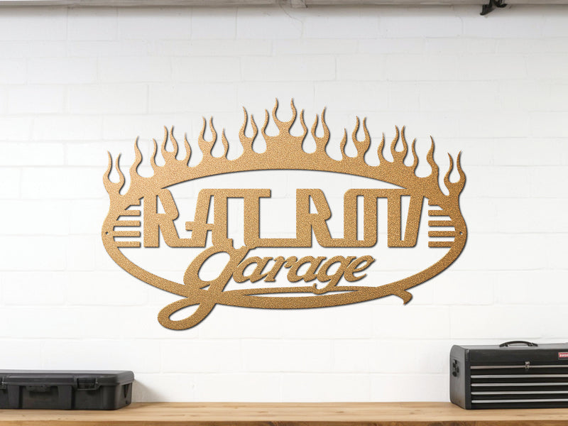 Gold powder coated garage wall sign reading Rat Rod Garage with flames