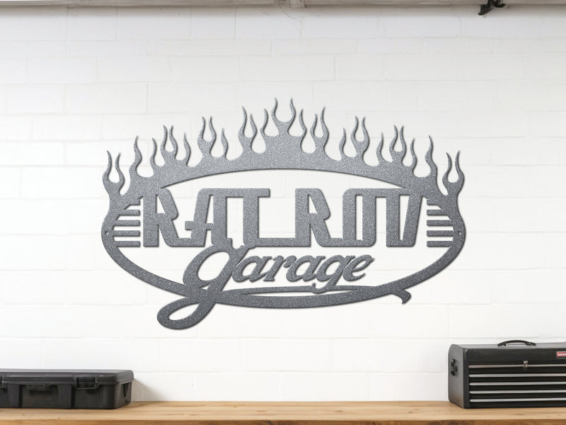 Silver powder coated garage wall sign reading Rat Rod Garage with flames