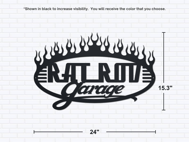 Shows dimensions of a black powder coated garage wall sign reading Rat Rod Garage with flames