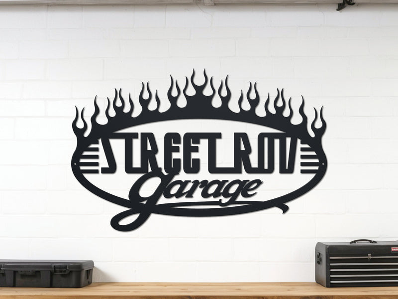Black powder coated garage wall sign reading Street Rod Garage with flames