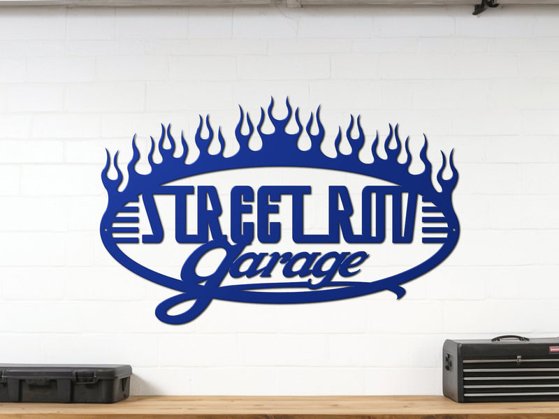 Blue powder coated garage wall sign reading Street Rod Garage with flames