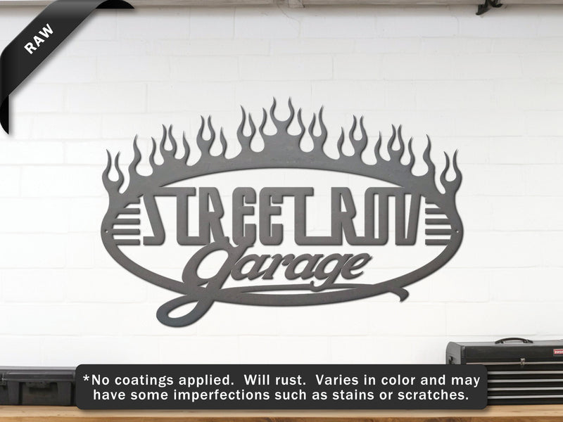 Raw steel garage wall sign reading Street Rod Garage with flames