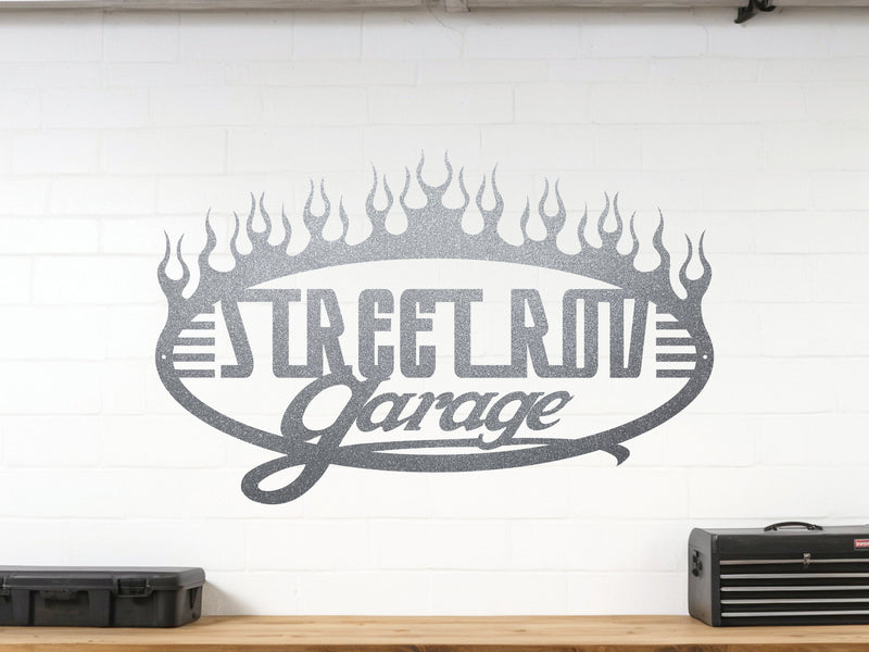 Silver powder coated garage wall sign reading Street Rod Garage with flames