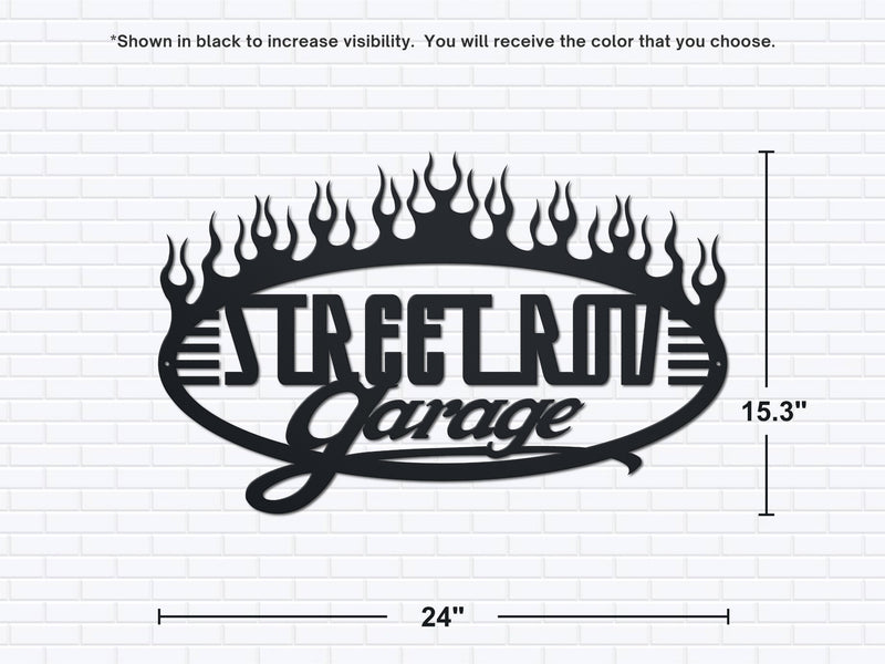 Shows dimensions of a black powder coated garage wall sign reading Street Rod Garage with flames