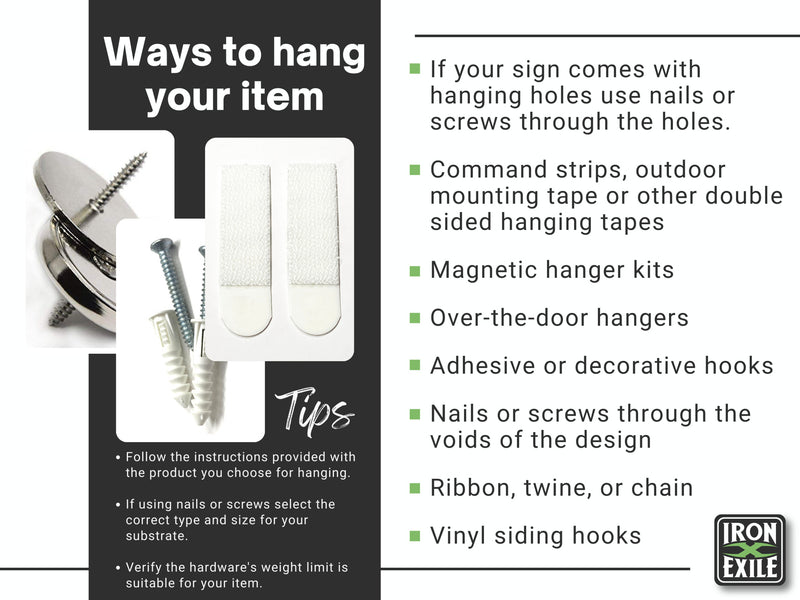 Instructions on various ways to hang an item with examples and text.